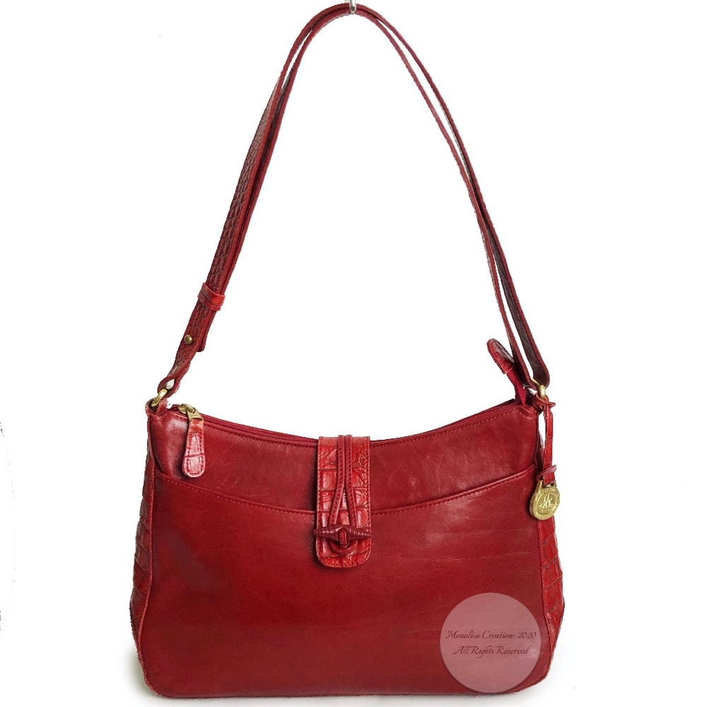 Brahmin Shoulder Bag Red Croc Embossed and Smooth Leather Vintage Bag HTF